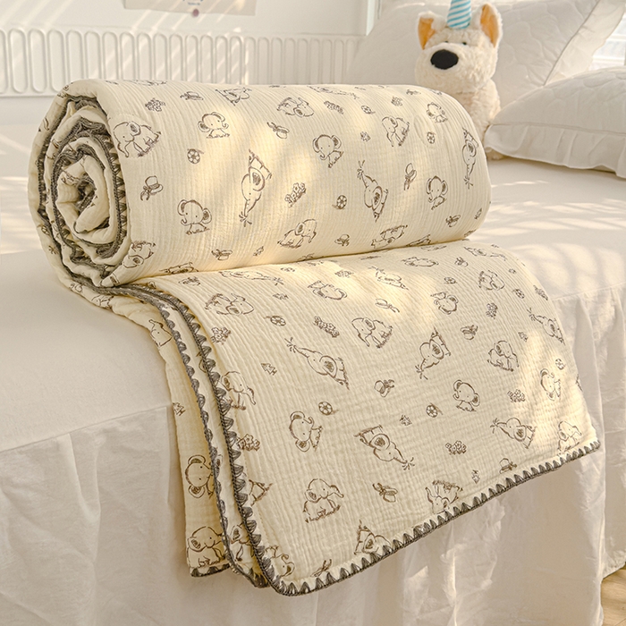 91家纺网 家纺一手货源 找家纺 芯恋 2025新款母婴级全棉皱皱纱儿童被双层纱夏被 欢乐小象