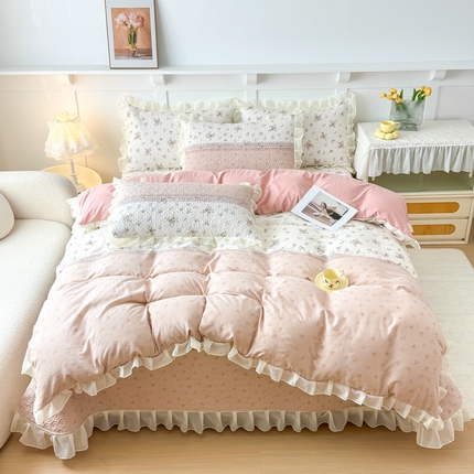 晨晨家纺 2025新款皱皱纱棉拼色床盖四件套 蝴蝶花