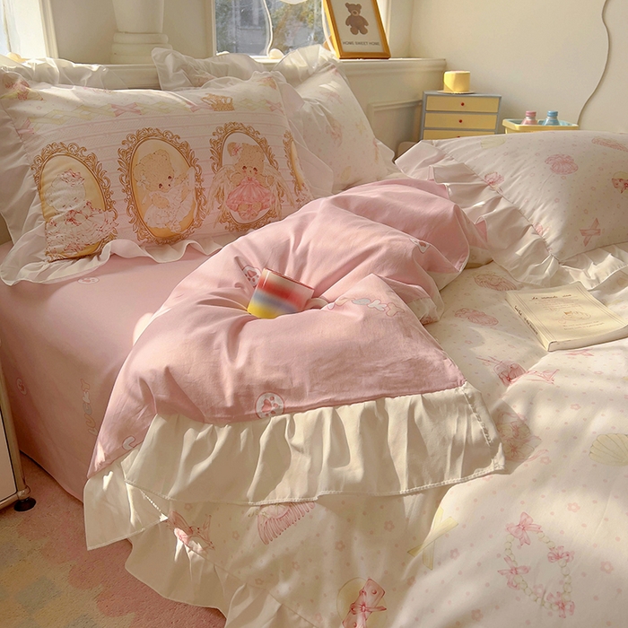 91家纺网 家纺一手货源 找家纺 浩诚 2025新款洛丽塔纯棉花边款四件套 芭蕾小熊-米