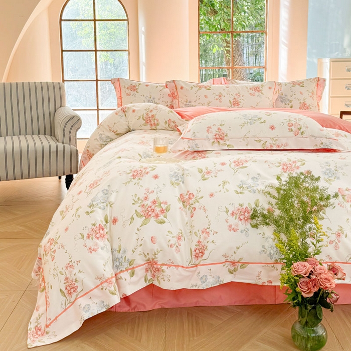 91家纺网 家纺一手货源 找家纺 7V 2025新款轻奢大宽边100%纯棉四件套133*76全棉喷气宽幅长绒棉被套床单床笠套件 蜜朵-米