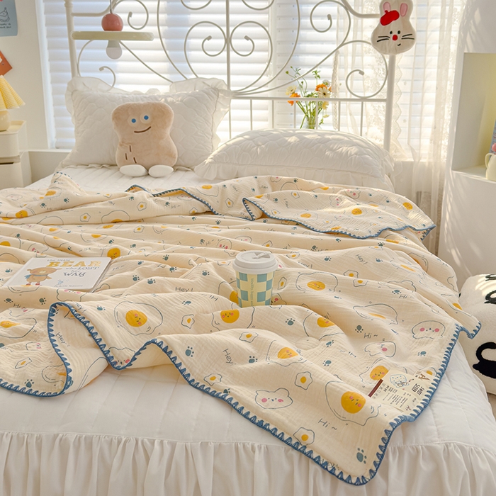 91家纺网 家纺一手货源 找家纺 芯恋 2025新款母婴级全棉皱皱纱儿童被双层纱夏被 荷包蛋
