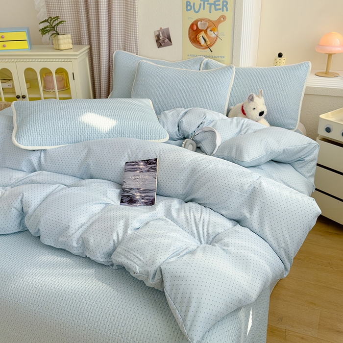 91家纺网 家纺一手货源 找家纺 赫梵茜 2025新款有氧针织双层纱单床盖床盖三件套床盖四件套 方糖-兰