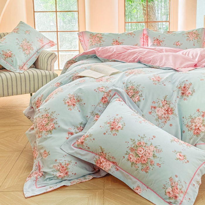 91家纺网 家纺一手货源 找家纺 7V 2025新款轻奢大宽边100%纯棉四件套133*76全棉喷气宽幅长绒棉被套床单床笠套件 花之茵