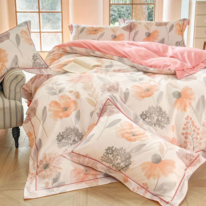 91家纺网 家纺一手货源 找家纺 7V 2025新款轻奢大宽边100%纯棉四件套133*76全棉喷气宽幅长绒棉被套床单床笠套件 春景-粉