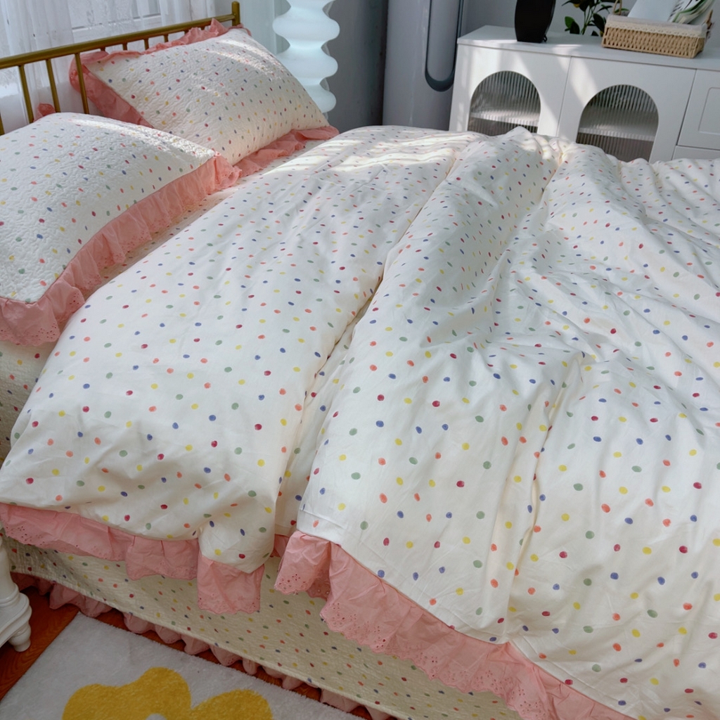 91家纺网 家纺一手货源 找家纺 暖居 2025春夏款高温砂洗棉花床盖三件套被套四件套同款纯棉夏被空调被四季 彩色波点