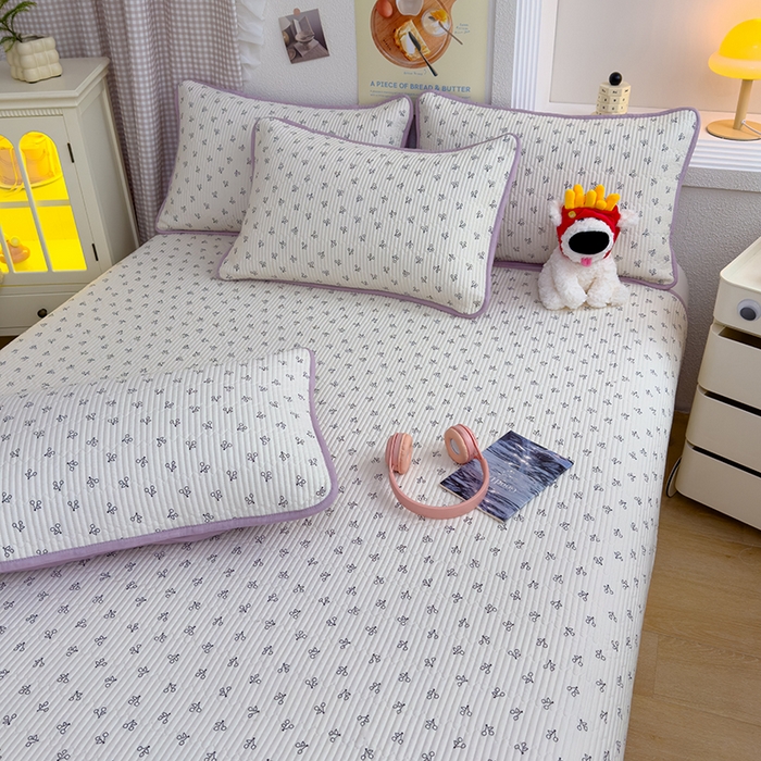 91家纺网 家纺一手货源 找家纺 赫梵茜 2025新款有氧针织双层纱单床盖床盖三件套床盖四件套 线条樱桃