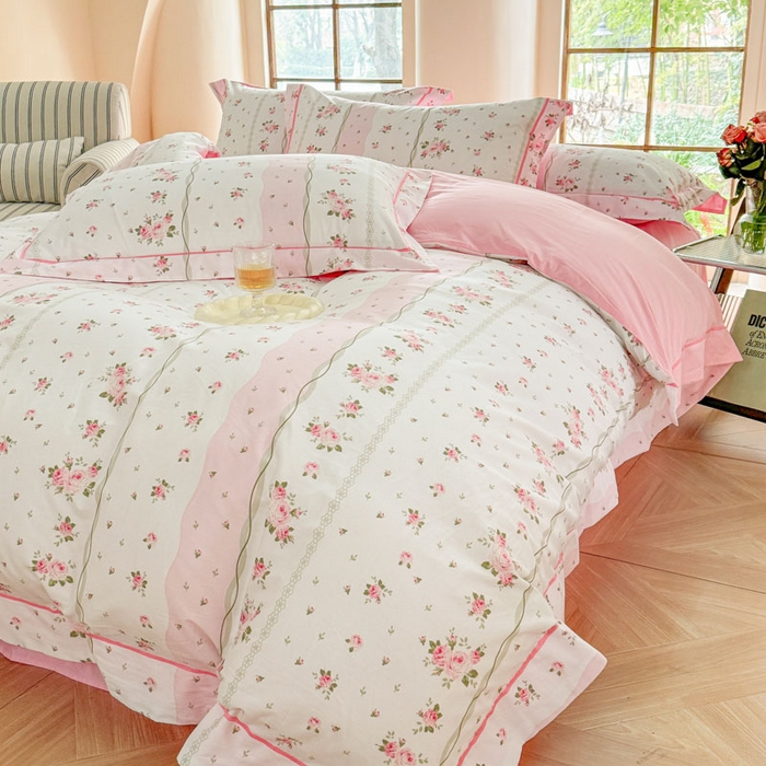 91家纺网 家纺一手货源 找家纺 7V 2025新款轻奢大宽边100%纯棉四件套133*76全棉喷气宽幅长绒棉被套床单床笠套件 沐遇玫瑰