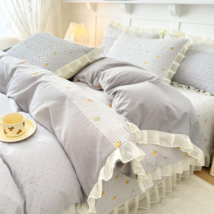 91家纺网 家纺一手货源 找家纺 晨晨家纺 2025新款皱皱纱棉拼色床盖四件套 南瓜派