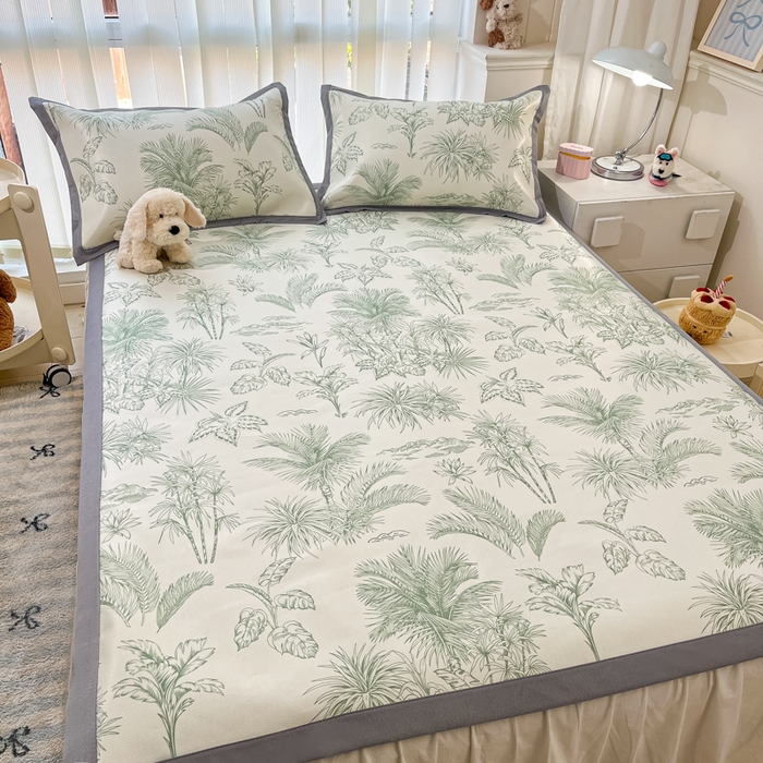 91家纺网 家纺一手货源 找家纺 川悦生活 2025新款600D立体宽边冰丝印花凉席 森林丛野-绿