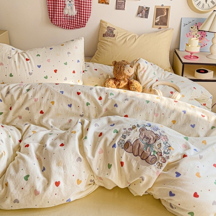 耀悦家纺2025新款a类纯棉双层纱绣花四件套 奶酪小熊