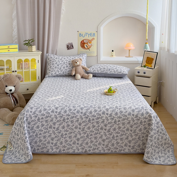 91家纺网 家纺一手货源 找家纺 赫梵茜 2025新款有氧针织双层纱单床盖床盖三件套床盖四件套 萱花 -灰