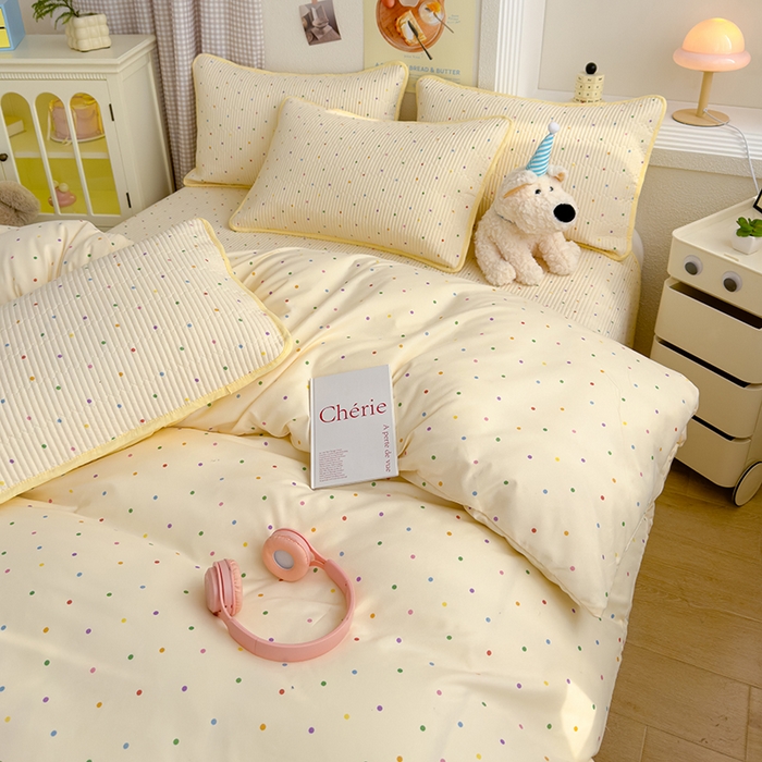 91家纺网 家纺一手货源 找家纺 赫梵茜 2025新款有氧针织双层纱单床盖床盖三件套床盖四件套 奶油波波