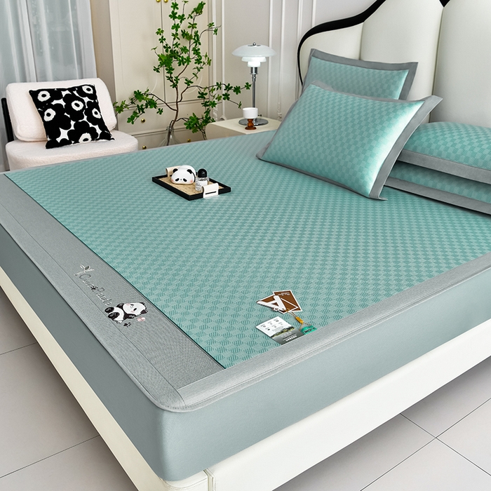 91家纺网 家纺一手货源 找家纺 小牛席业 2025新款棋盘格-熊猫凉感冰丝席系列（床笠款） 绿色