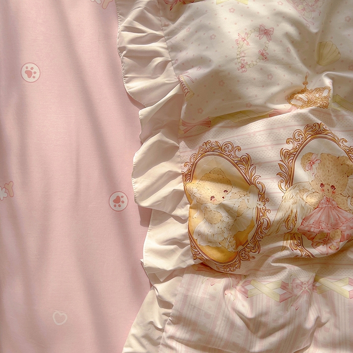 91家纺网 家纺一手货源 找家纺 浩诚 2025新款洛丽塔纯棉花边款四件套 芭蕾小熊-米