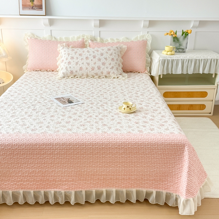 91家纺网 家纺一手货源 找家纺 晨晨家纺 2025新款皱皱纱棉拼色床盖四件套 繁花