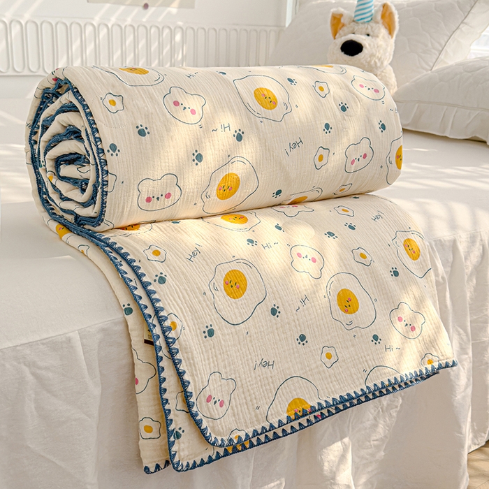 91家纺网 家纺一手货源 找家纺 芯恋 2025新款母婴级全棉皱皱纱儿童被双层纱夏被 荷包蛋