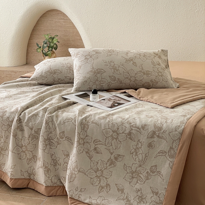 91家纺网 家纺一手货源 找家纺 吾诺 2025 全棉色织提花三层纱夏被四件套全棉夏被大豆夏被夏凉被空调被子被芯 芳菲-咖