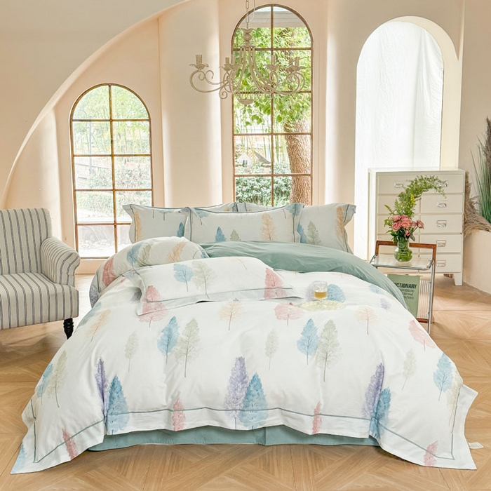 91家纺网 家纺一手货源 找家纺 7V 2025新款轻奢大宽边100%纯棉四件套133*76全棉喷气宽幅长绒棉被套床单床笠套件 麦风