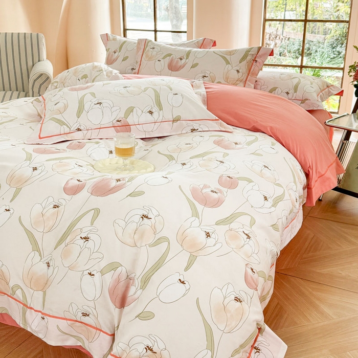 91家纺网 家纺一手货源 找家纺 7V 2025新款轻奢大宽边100%纯棉四件套133*76全棉喷气宽幅长绒棉被套床单床笠套件 玫瑰集-粉