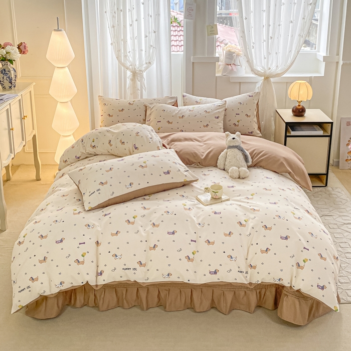 91家纺网 家纺一手货源 找家纺 一比一家纺 2025新款针织双层纱床盖四件套 狗狗家族