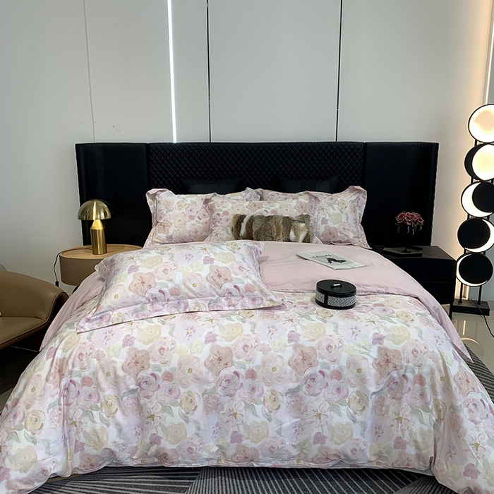 91家纺网 家纺一手货源 找家纺 莱豫家纺 2025新款50支长绒棉数码印花四件套 如梦花季