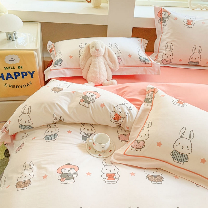 91家纺网 家纺一手货源 找家纺 7V 2025新款轻奢大宽边100%纯棉四件套133*76全棉喷气宽幅长绒棉被套床单床笠套件 星星兔