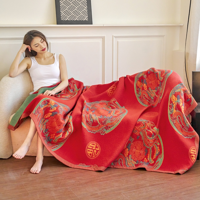 91家纺网 家纺一手货源 找家纺 棠薇家纺 2025新款60S长绒棉纯棉纱布毛巾被 龙凤呈祥