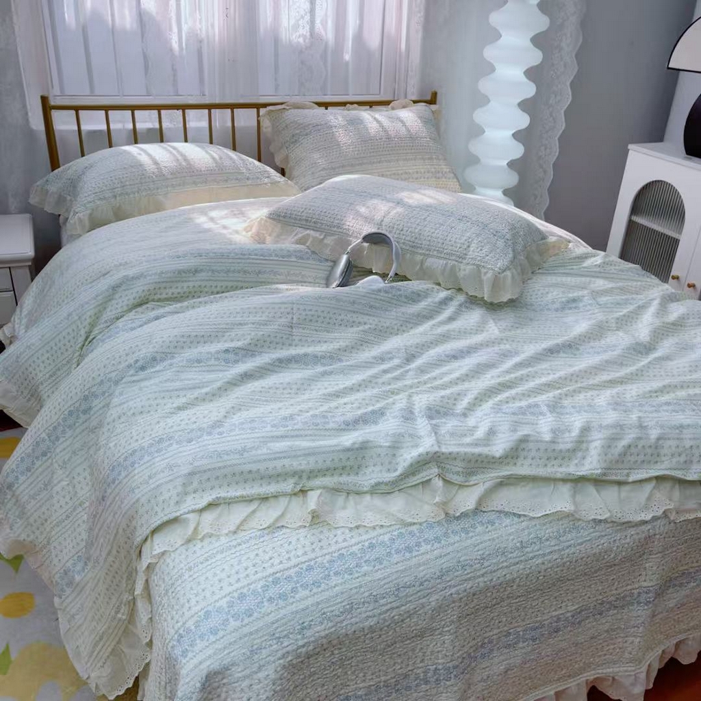 91家纺网 家纺一手货源 找家纺 暖居 2025春夏款高温砂洗棉花床盖三件套被套四件套同款纯棉夏被空调被四季 蓝颜