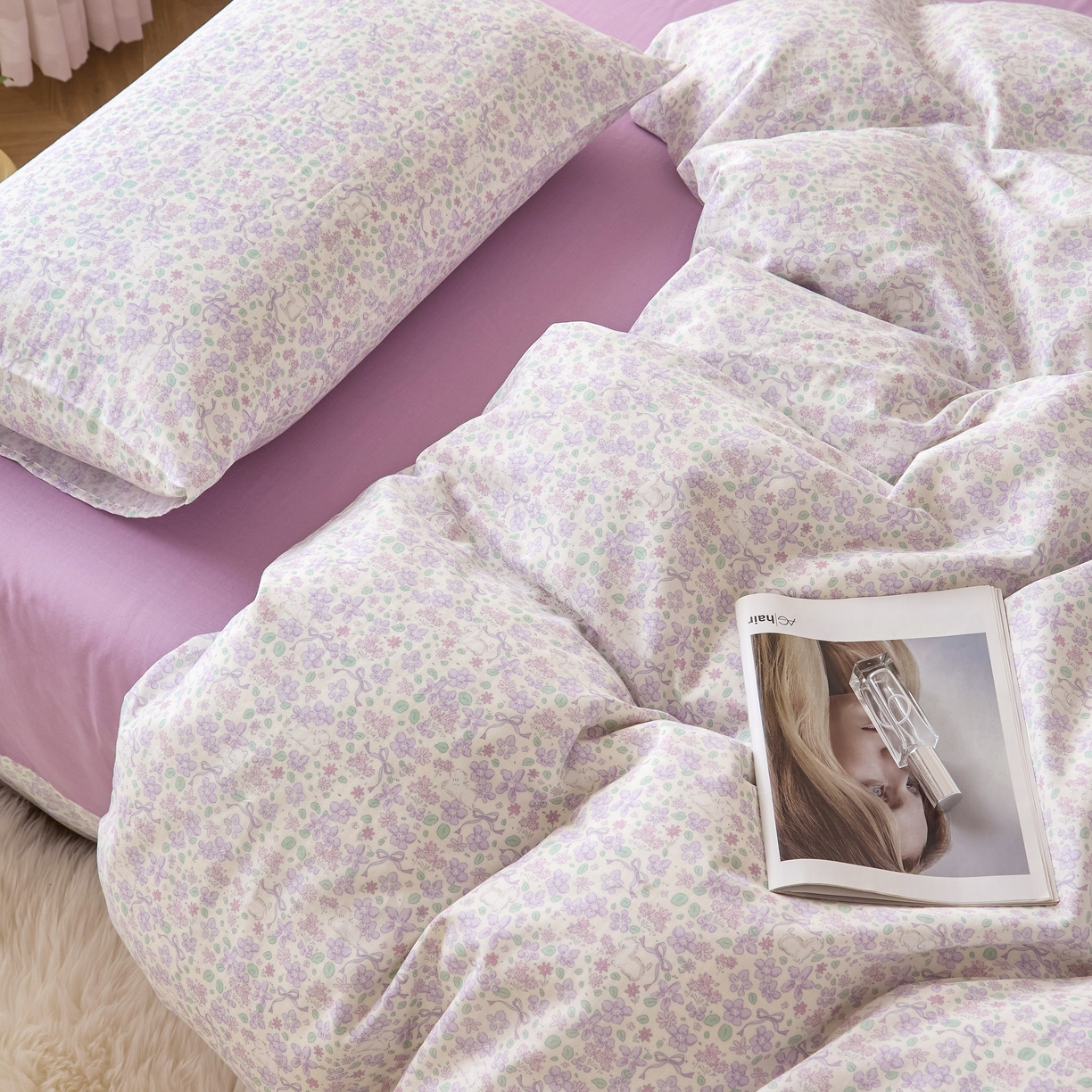 91家纺网 家纺一手货源 找家纺 嘉汀兰家居 2025新款圆角花边款全棉纯棉A类母婴级有氧全棉双层纱亲肤全棉小清新印花四件套 春意