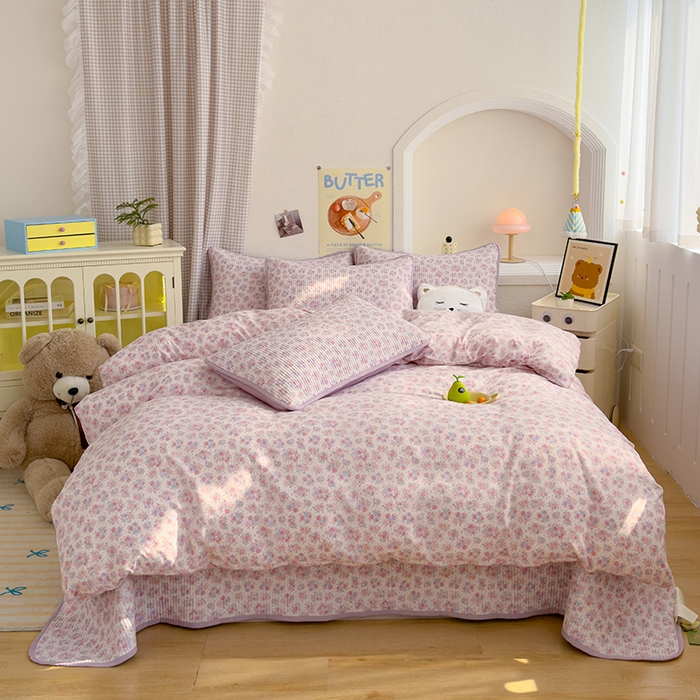 91家纺网 家纺一手货源 找家纺 赫梵茜 2025新款有氧针织双层纱单床盖床盖三件套床盖四件套 伊莲娜