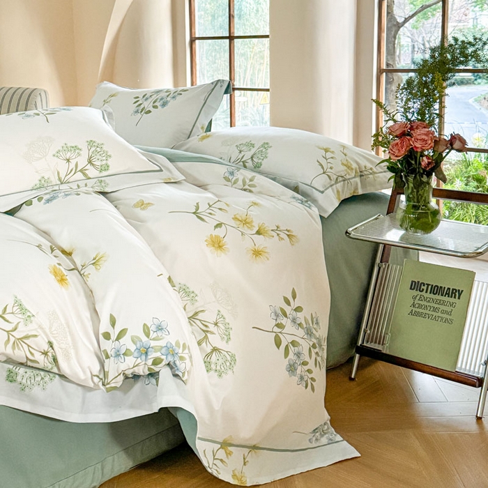 91家纺网 家纺一手货源 找家纺 7V 2025新款轻奢大宽边100%纯棉四件套133*76全棉喷气宽幅长绒棉被套床单床笠套件 浣溪花-米