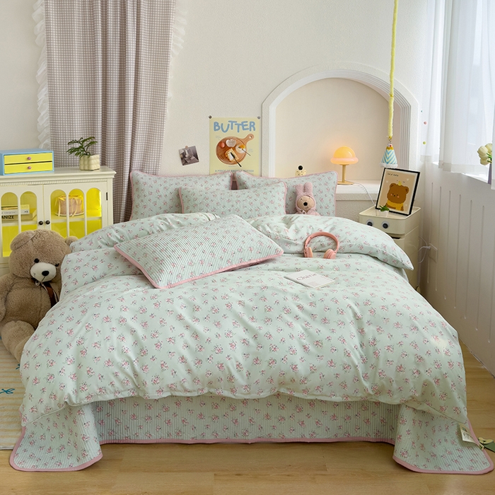 91家纺网 家纺一手货源 找家纺 赫梵茜 2025新款有氧针织双层纱单床盖床盖三件套床盖四件套 南絮