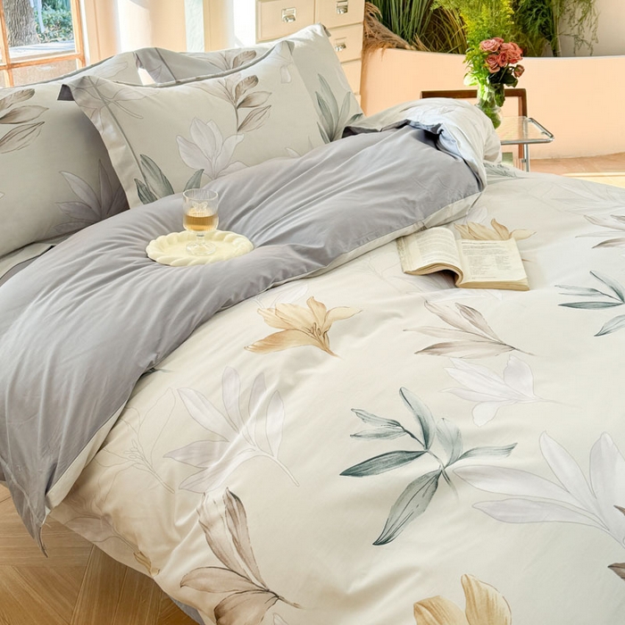 91家纺网 家纺一手货源 找家纺 7V 2025新款轻奢大宽边100%纯棉四件套133*76全棉喷气宽幅长绒棉被套床单床笠套件 醒春集-灰