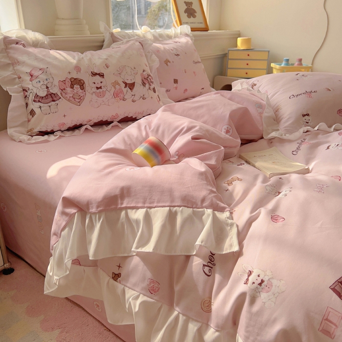 91家纺网 家纺一手货源 找家纺 浩诚 2025新款洛丽塔纯棉花边款四件套 草莓巧克力