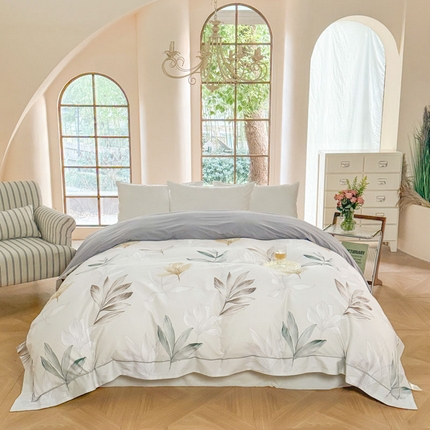 7V 2025新款轻奢大宽边100%纯棉四件套133*76全棉喷气宽幅长绒棉被套床单床笠套件 醒春集-灰