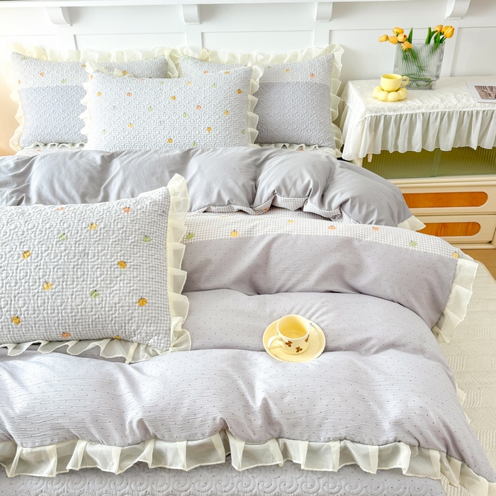 91家纺网 家纺一手货源 找家纺 晨晨家纺 2025新款皱皱纱棉拼色床盖四件套 南瓜派