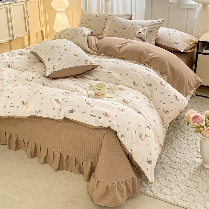 91家纺网 家纺一手货源 找家纺 一比一家纺 2025新款针织双层纱床盖四件套 狗狗家族