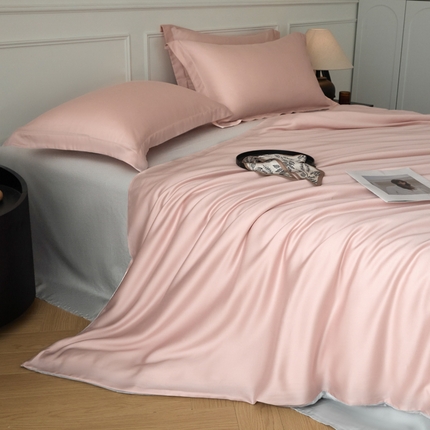 91家纺网 家纺一手货源 找家纺 涵宸2025新款天丝-天丝棉-纯色四件套-场景1 玫瑰粉+时尚灰