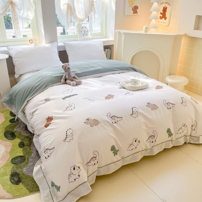 91家纺网 家纺一手货源 找家纺 7V 2025新款轻奢大宽边100%纯棉四件套133*76全棉喷气宽幅长绒棉被套床单床笠套件 侏罗纪