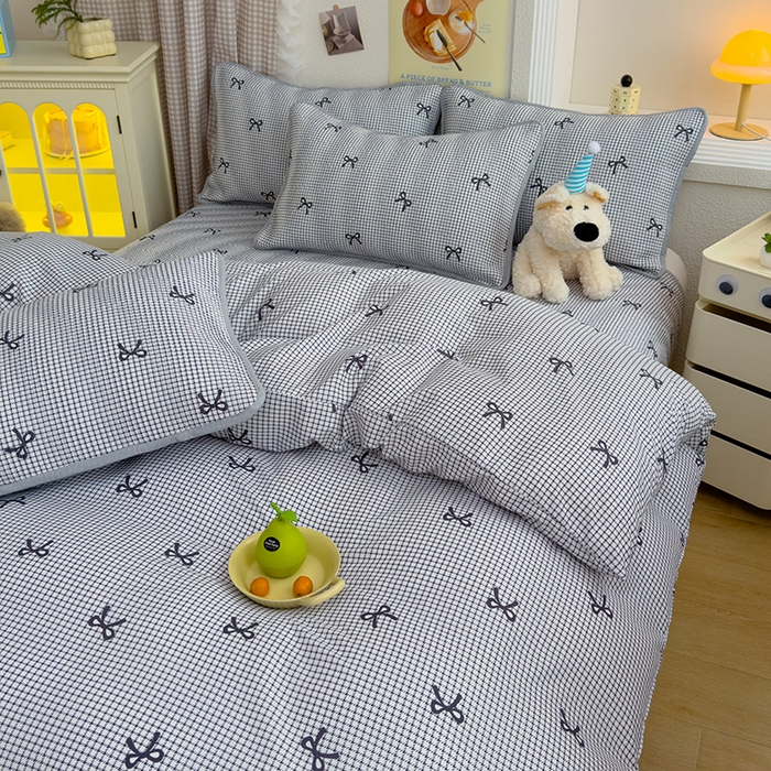 91家纺网 家纺一手货源 找家纺 赫梵茜 2025新款有氧针织双层纱单床盖床盖三件套床盖四件套 格子蝴蝶结