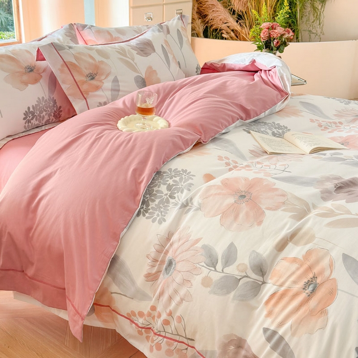 91家纺网 家纺一手货源 找家纺 7V 2025新款轻奢大宽边100%纯棉四件套133*76全棉喷气宽幅长绒棉被套床单床笠套件 春景-粉