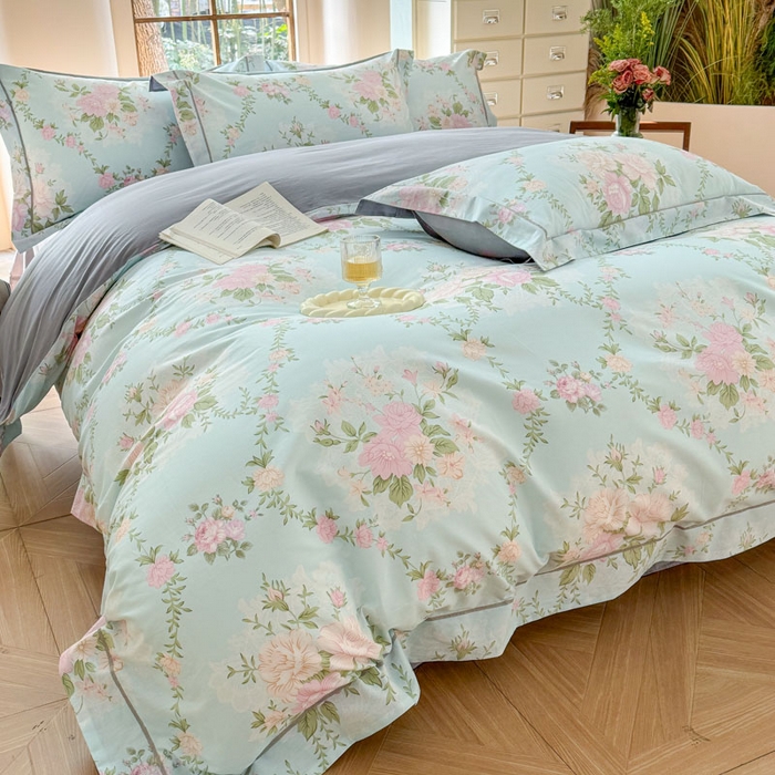 91家纺网 家纺一手货源 找家纺 7V 2025新款轻奢大宽边100%纯棉四件套133*76全棉喷气宽幅长绒棉被套床单床笠套件 曼妙