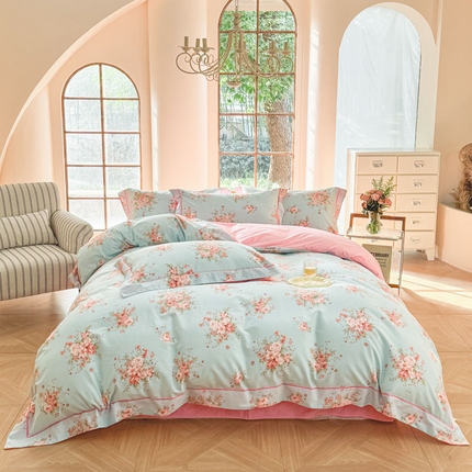 7V 2025新款轻奢大宽边100%纯棉四件套133*76全棉喷气宽幅长绒棉被套床单床笠套件 花之茵