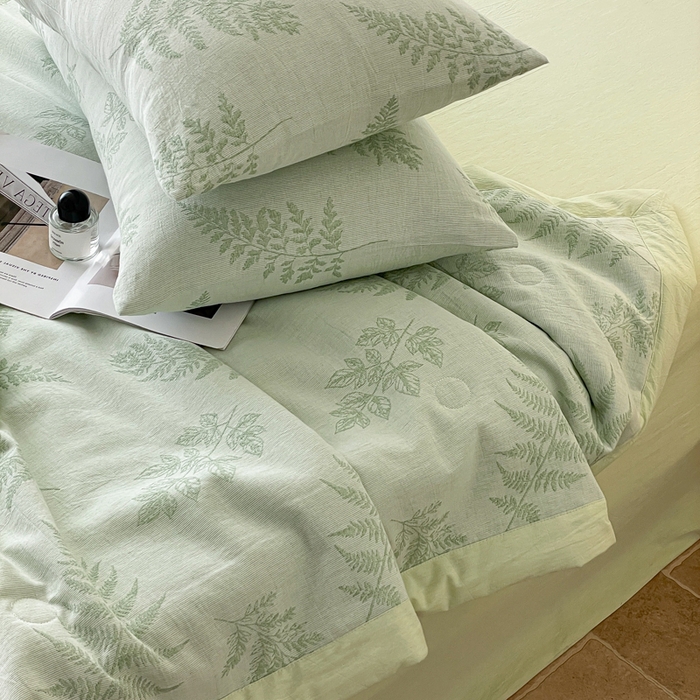 91家纺网 家纺一手货源 找家纺 吾诺 2025 全棉色织提花三层纱夏被四件套全棉夏被大豆夏被夏凉被空调被子被芯 花影-绿
