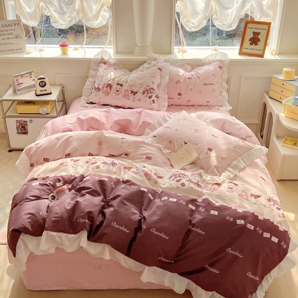 浩诚 2025新款洛丽塔纯棉花边款四件套 草莓巧克力