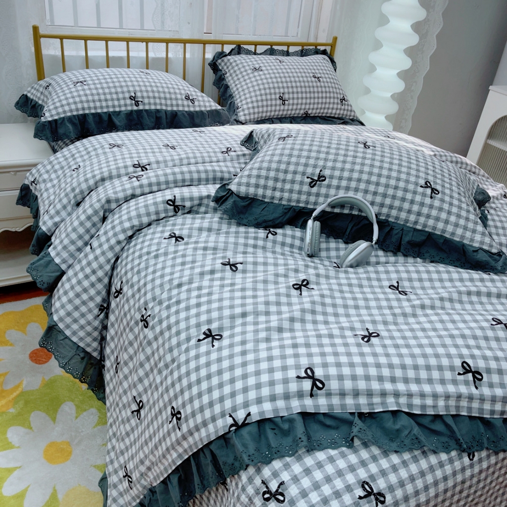91家纺网 家纺一手货源 找家纺 暖居 2025春夏款高温砂洗棉花床盖三件套被套四件套同款纯棉夏被空调被四季 灰格蝴蝶结