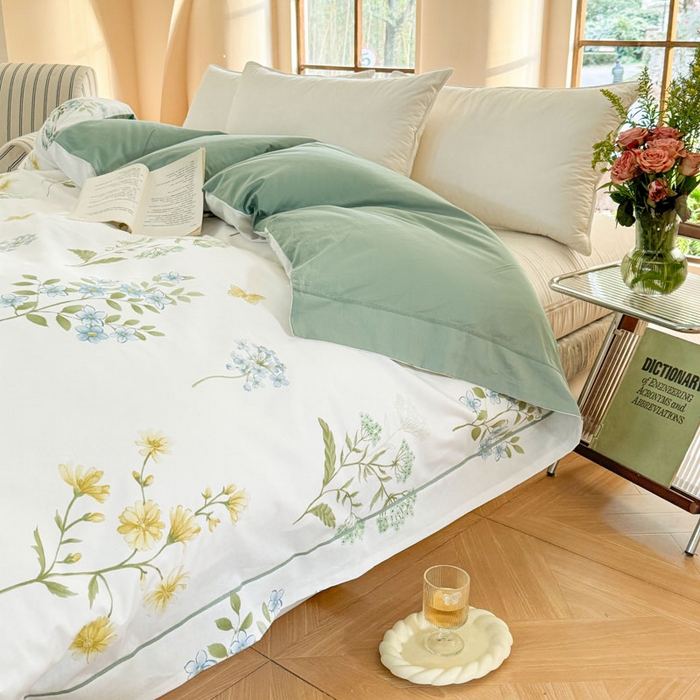 91家纺网 家纺一手货源 找家纺 7V 2025新款轻奢大宽边100%纯棉四件套133*76全棉喷气宽幅长绒棉被套床单床笠套件 浣溪花-米