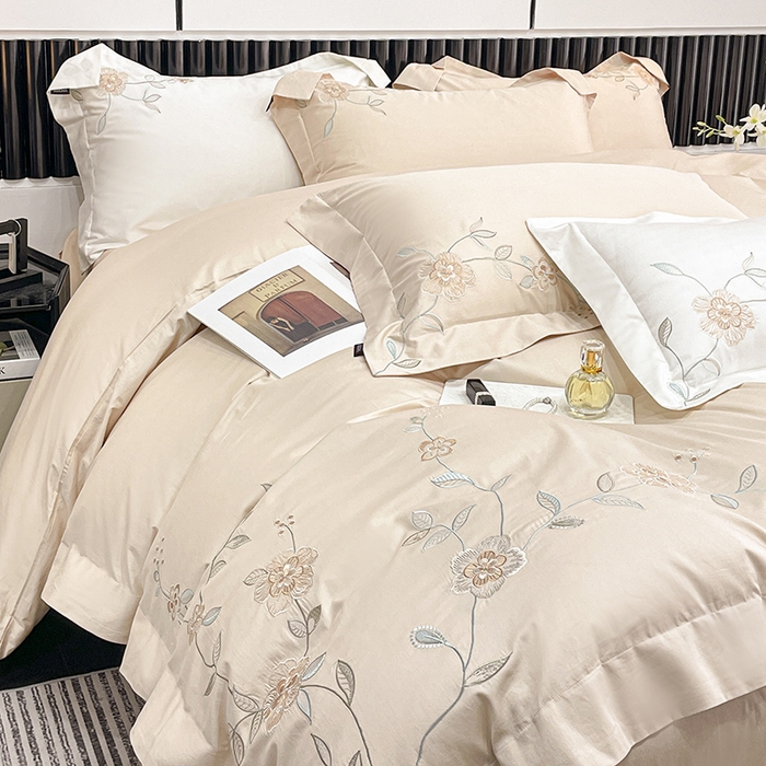 91家纺网 家纺一手货源 找家纺 2025新款春夏新款A类长绒棉全工艺刺绣四件套纯棉全棉轻奢风直播高端床上用品 蔓艺-奶杏