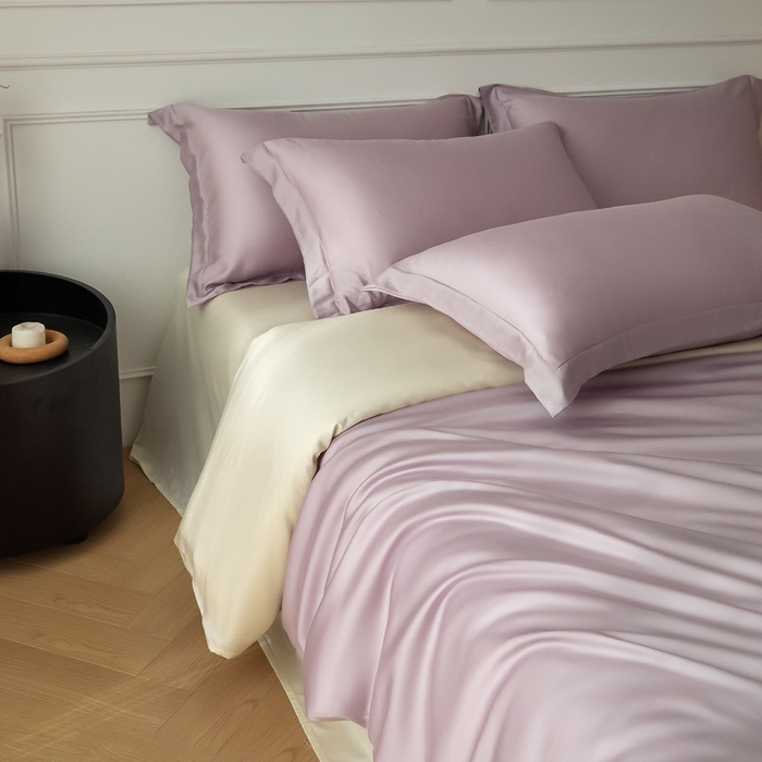 91家纺网 家纺一手货源 找家纺 涵宸2025新款天丝-天丝棉-纯色四件套-场景1 紫语+象牙白