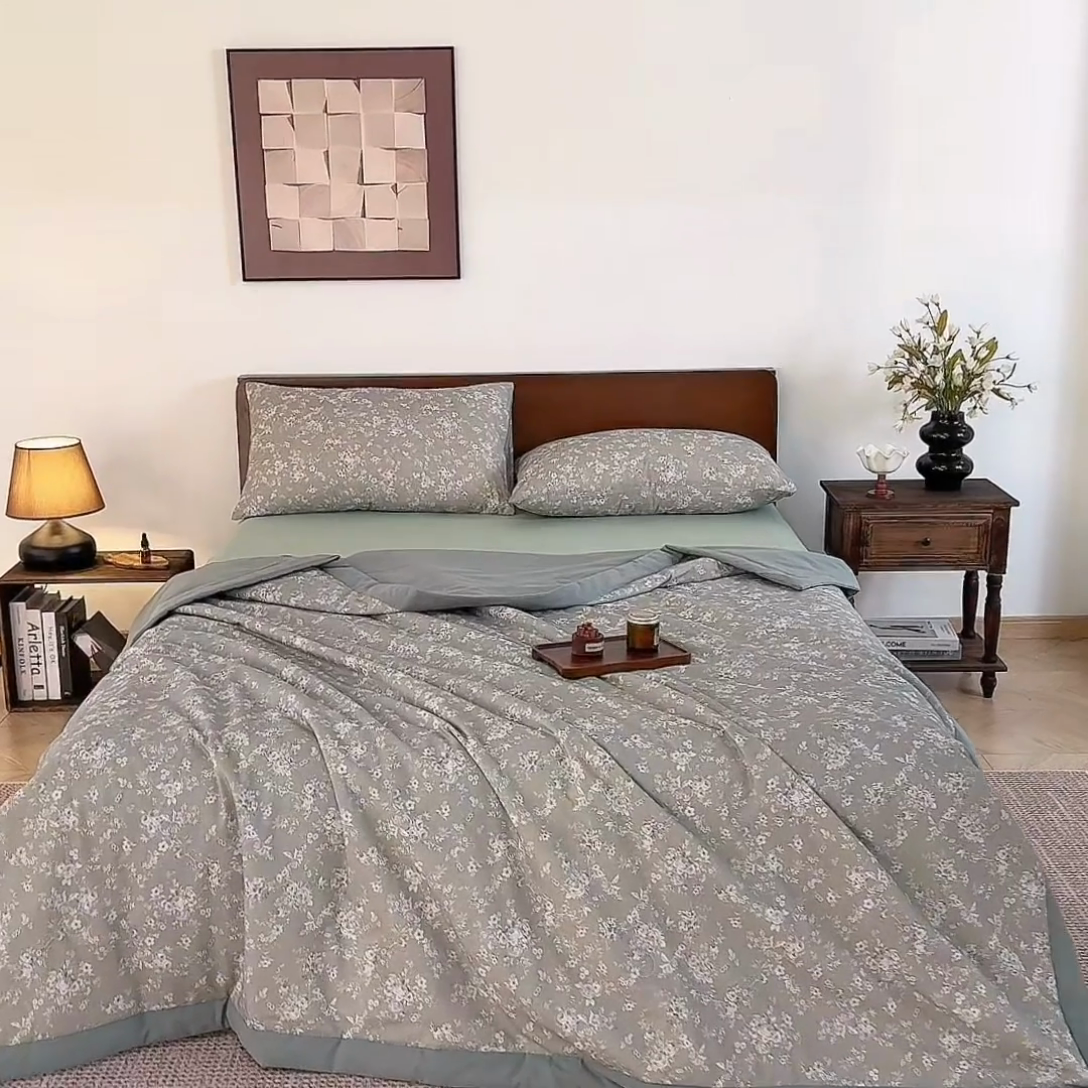 91家纺网 家纺一手货源 找家纺 吾诺 2025 全棉印花单层纱大豆夏被四件套夏凉被空调被子被芯全棉夏被 轻盈